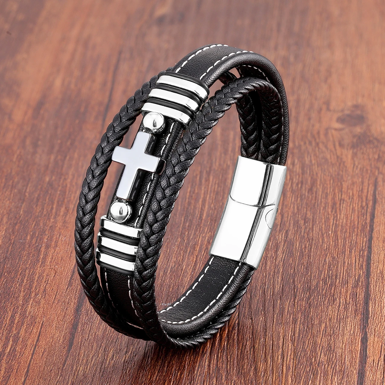 Stone Cross Style Multilayer Design Stainless Steel Fashion Men's Leather Bracelet Classic Gift For Men 17 Style Cross Bangles - Image 4