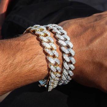 

high quality 16mm width iced out sparking bling 5A cz miami cuban link chain bracelet hip hop rock punk men boy big heavy chains