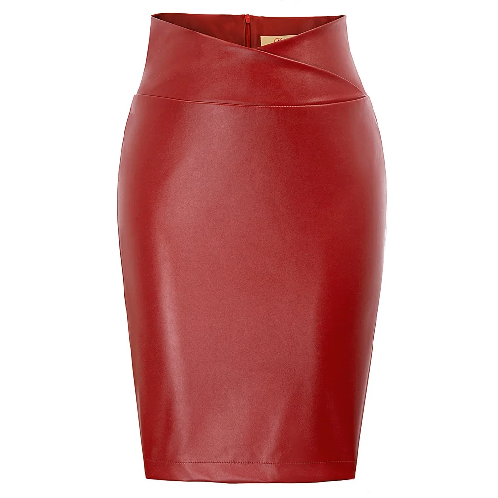 DECL0005 red Grace Karin, Женская юбка из искусственной кожи, красный/черный цвет, кожа юбка с высокой талией, асимметричные юбки, Офисная юбка-карандаш, длина до колена,облегающая юбка миди - Цвет: DECL0005 red