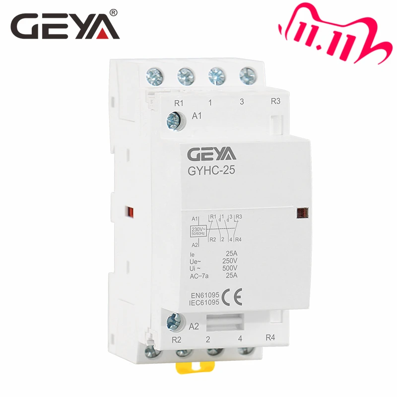 

Free Shipping GEYA Contactor 4P 25A 4NO OR 2NO2NC 220V/230V 50/60HZ Din rail Household AC Modular Contactor