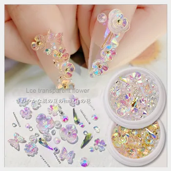 

1Box Nail Art butterfly Crystal Rhinestone beads Flower 3D Translucent Nail Ornament Nail Snow Flower Nail Decoration