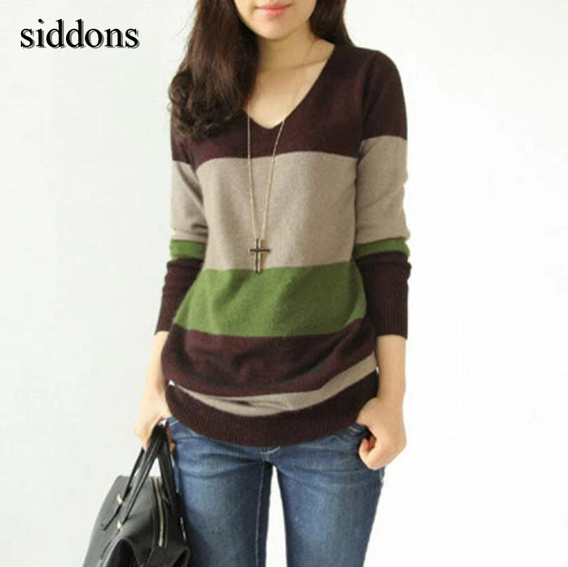 

свитер женский 2019 new v-neck sweater women's striped long sweater sweater large size loose sweater Knitted Pullovers a289
