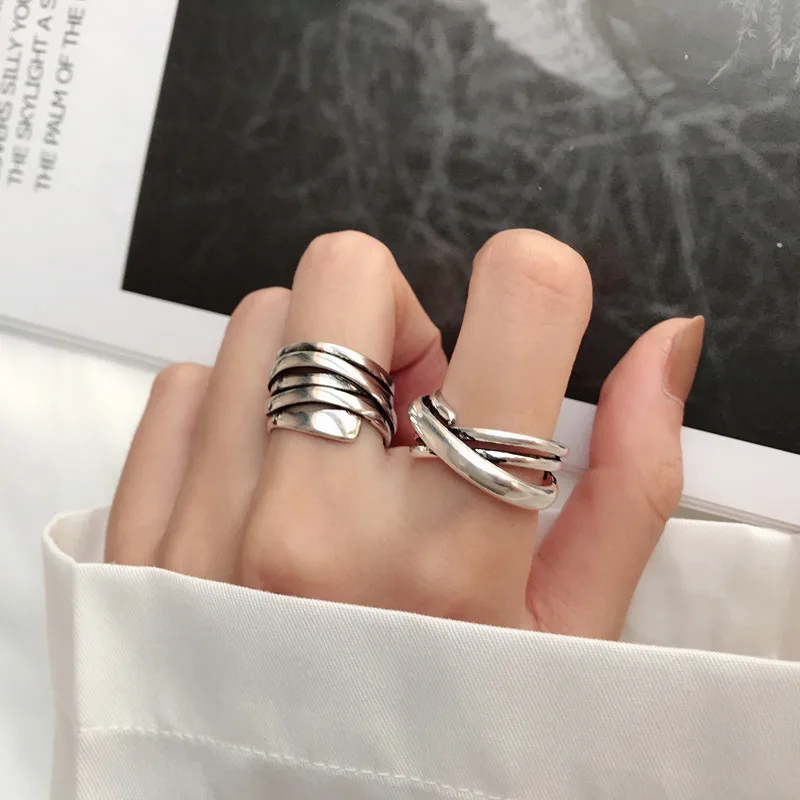 

VENTFILLE 925 Sterling Silver Open Rings INS Fashion Vintage Couples Simple Elegant Multi Layer Cross Party Jewelry for Women