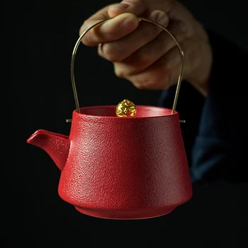 

Creative household crude pottery Chinese Kungfu Tea red weeding lifting tea making pot ceramic celebration teapot gift