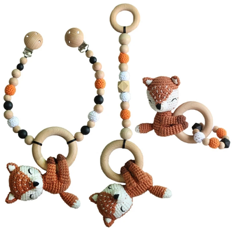 

3 Pcs/Set Baby Stroller Hanging Pendant Mobile Rattle Pacifier Chain Clip Nipple Dummy Holder Wooden Ring Bracelet Teether Infan