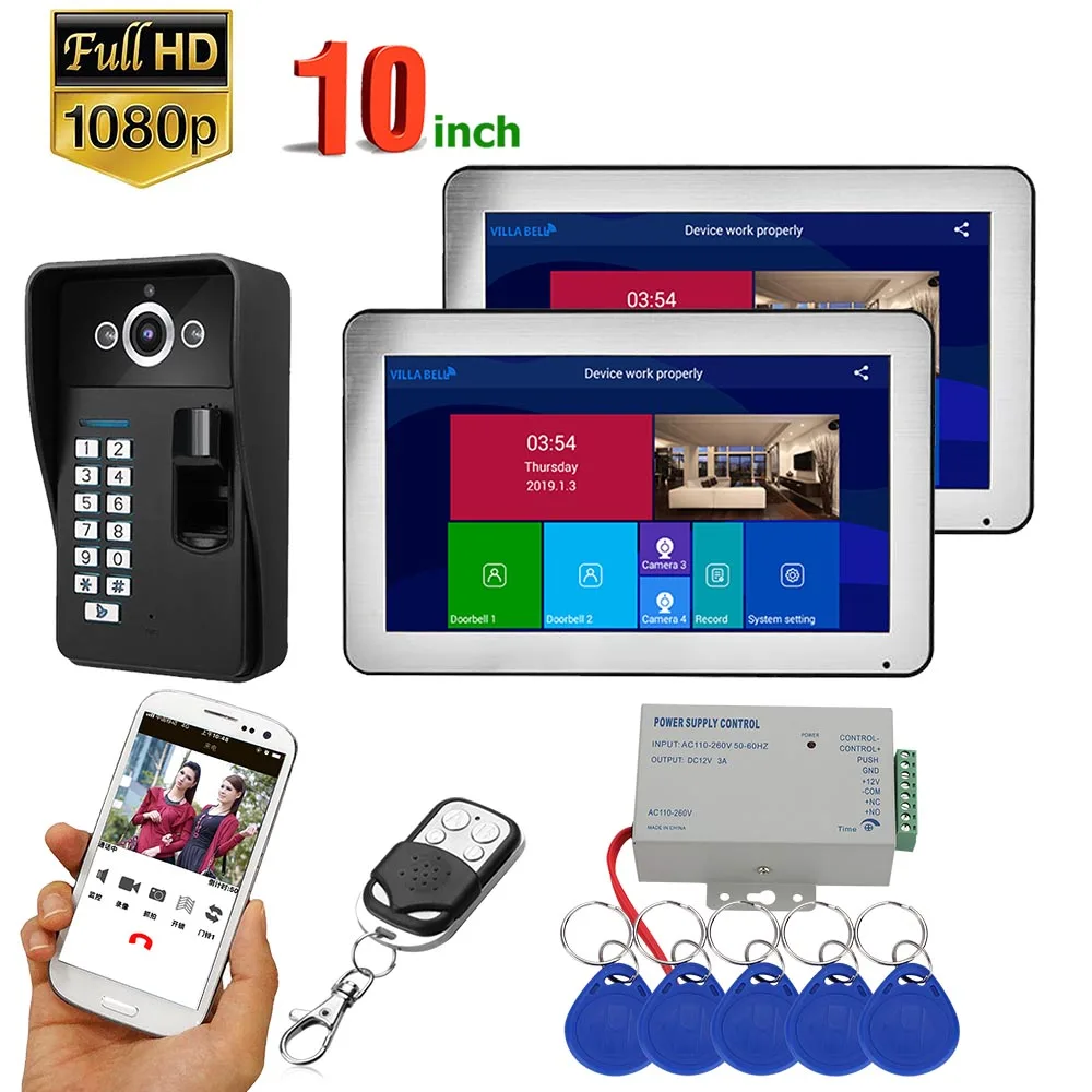 buy 10 inch 2 Monitors Wifi Wireless Fingerprint RFID Video Door Phone Doorbell Intercom System with Wired 1080P camera