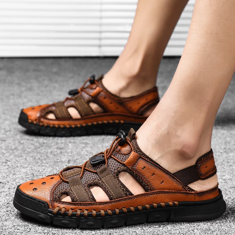2019 повседневные Летние кожаные пляжные сандалии мужские походные дышащая