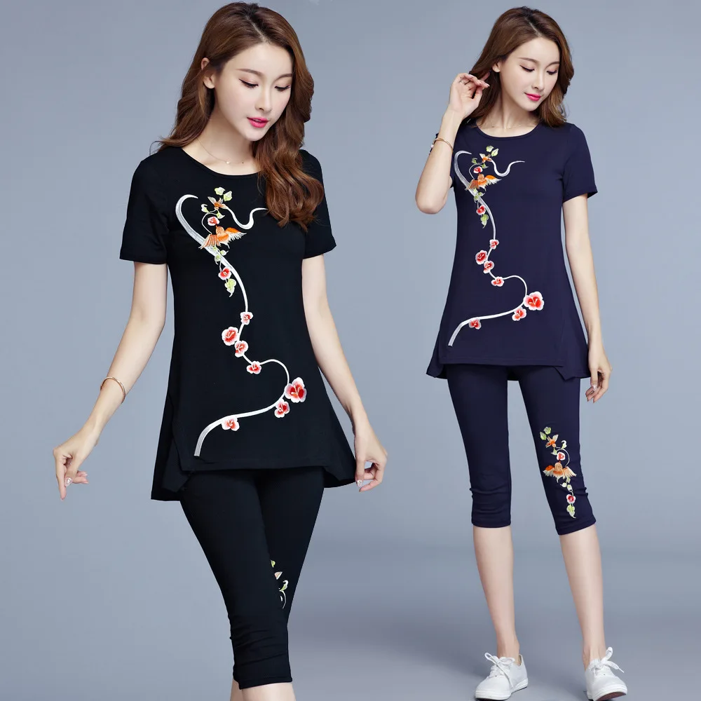 

Set Summer Ethnic-Style Women's Large Size Mid-length T-shirt Tops Literature And Art Embroidery Leggings Elasticity Capri Pants