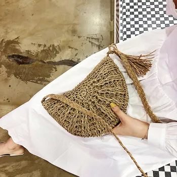 

Rattan Woven Beach Bag Crossbody Women Semicircular Handwoven Retro Straw Bag Handbag Knit Summer Shoulder Messenger Bag #0711