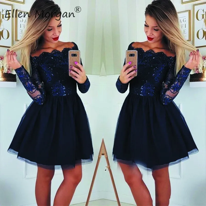 

Navy Blue Long Sleeve Homecoming Dresses 2019 Lace Short Off The Shoulder Tulle A Line Special Occasion Prom Dress For Girls