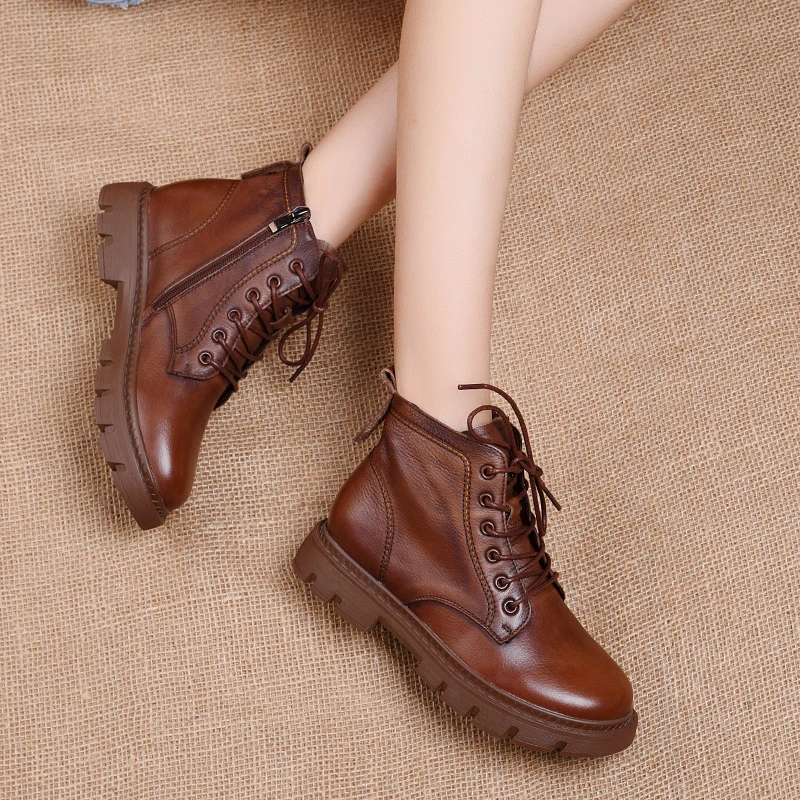 Botas Retro de cuero genuino para zapatos marrones con de cuero suave, hechas a mano, color Envío Gratis|Botas hasta el tobillo| - AliExpress