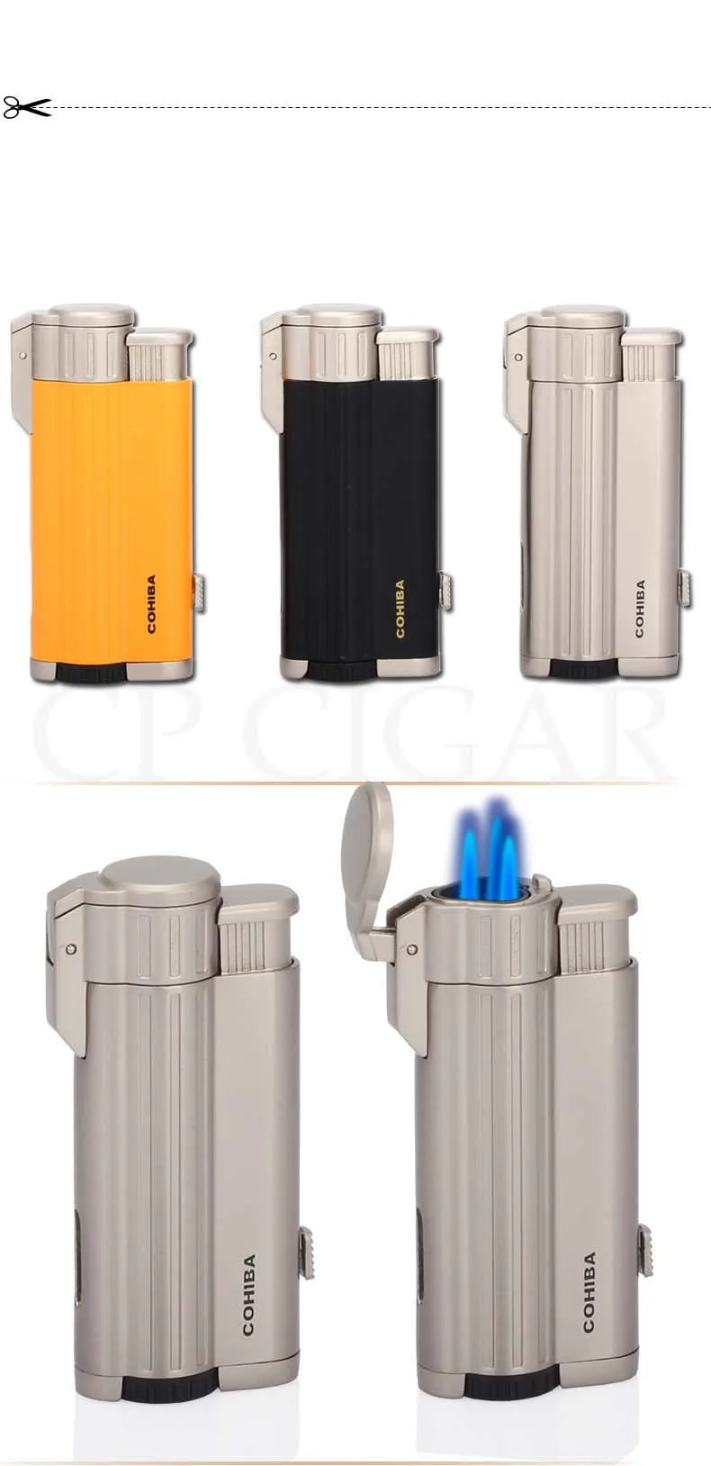 COHIBA факел зажигалка бутан металлическая коробка для сигар Зажигалки 3 Jet ветрозащитная Зажигалка карманные аксессуары для сигар W/сигары удар
