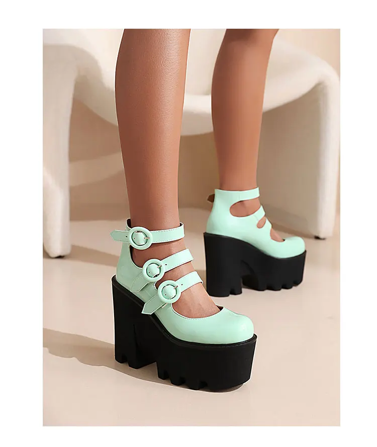 Three Rows Of Round Buckle Super High Wedges Sexy Women's Pumps Bright Patent Leather Super High Platform Women's High Heels