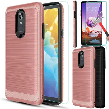 

For LG Stylo 4/Q Stylus/Plus Brushed Shockproof Hybrid Case Cover + Glass Screen Protector