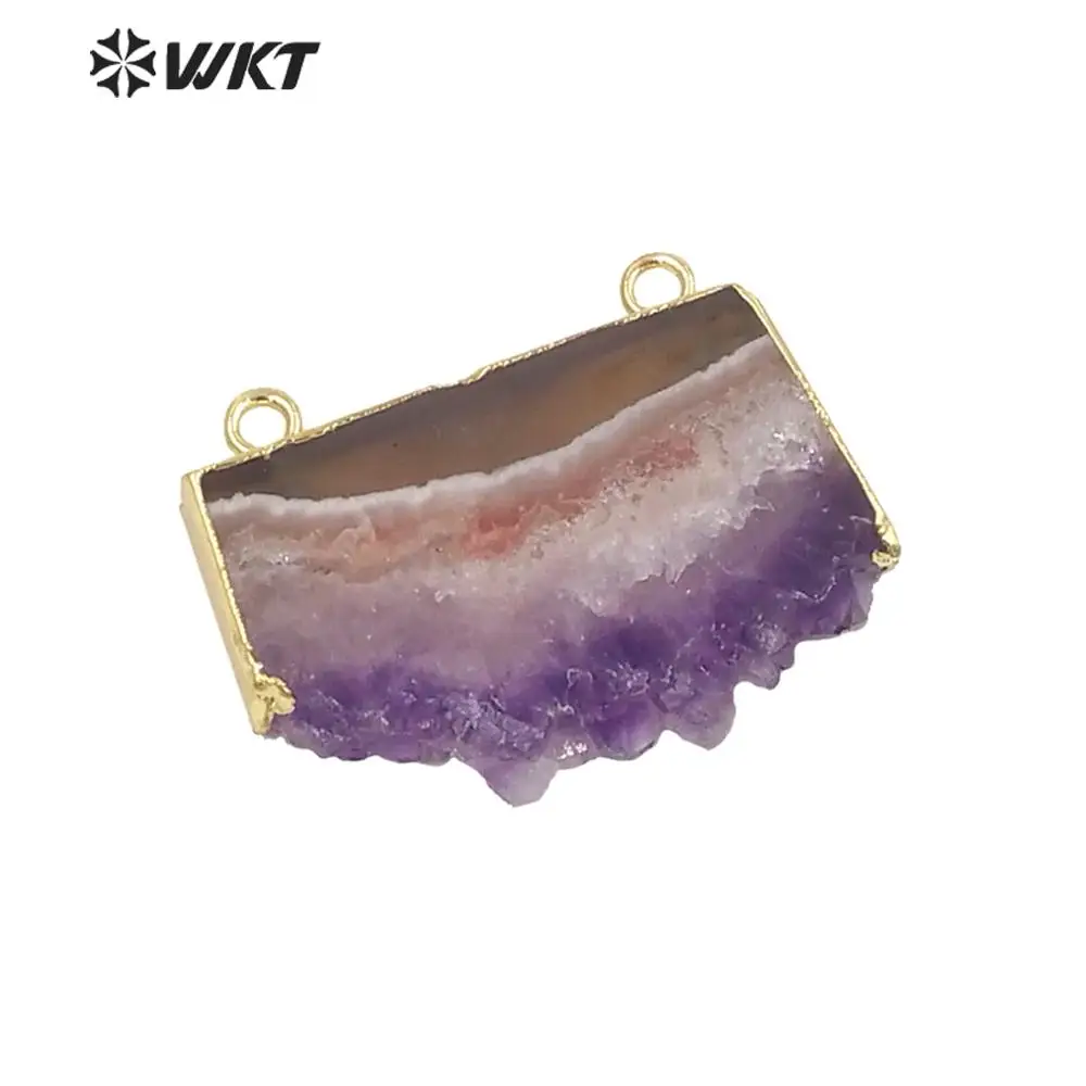 

WT-P211 WKT Wholesale double bail slice purple crystal pendants lovely connector with gold color on edges