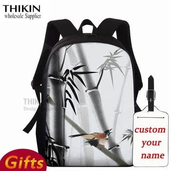 

THIKIN School Students Schoolbag Ink Painting Bamboo Print Ethnic Design Backpacks For Teenager Girls Boys Children Casual Bags
