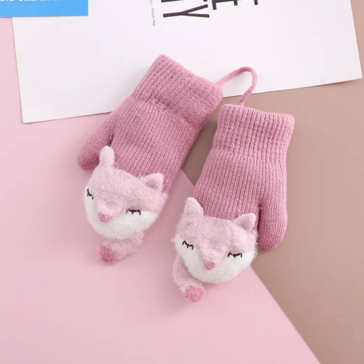 Новые зимние вязаные перчатки для детей 1-3 лет, теплые вязаные перчатки с лисой, двухслойные теплые вязаные перчатки высокого качества