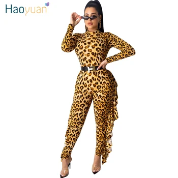 

HAOYUAN Sexy Leopard Ruffle Bodycon Jumpsuit Fall Winter Overalls Rave Club Outfits One Piece Long Sleeve Rompers Women Jumpsuit