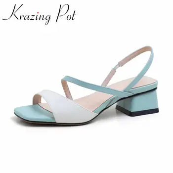 

Krazing pot mixed color genuine leather peep square toe med heels women sandals elastic band gentlewomen dating summer shoes L26