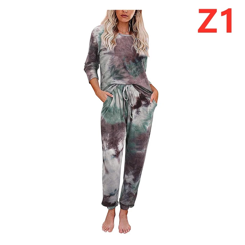 

Autumn winter ladies tie-dye leopard print pajamas knitted lace-up long-sleeved trousers casual and comfortable home set JJF0072