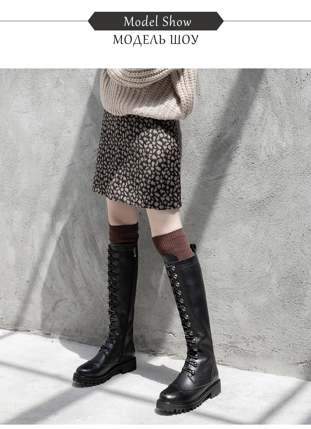 JSI Winter Women Boots Knee-High Round Toe Zip Ladies Shoes Genuine Leather Square Heel High Heel Zipper Solid Women Boots jo307