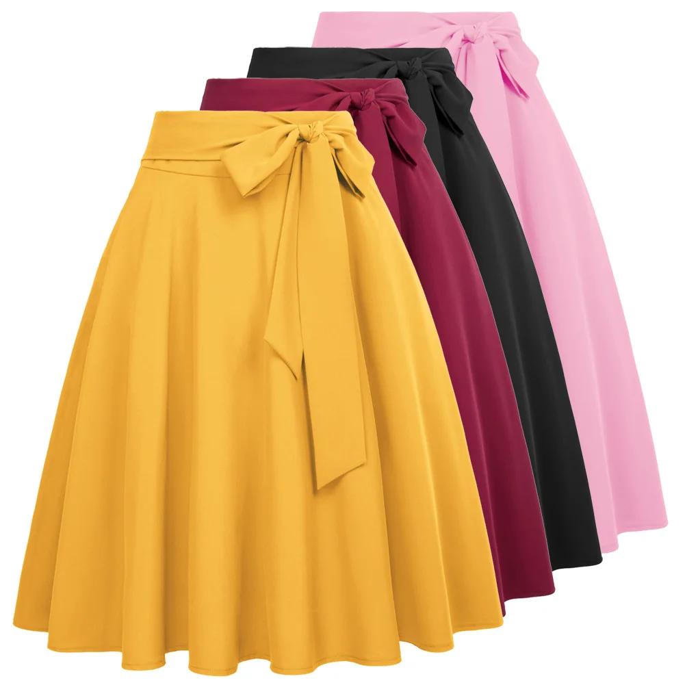 Винтажная юбка-Скейтер, стильная Однотонная юбка с высокой талией, украшенная бантом, до колена, юбка трапециевидной формы harajuku