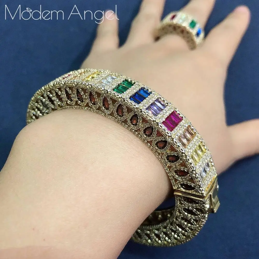 Золотой цвет ModemAngel роскошный нежный Arabia браслет набор колец для женщин полный микро кубический циркон проложить Свадебные Саудовская Арабский Дубай ювелирные наборы - Окраска металла: Золотой цвет