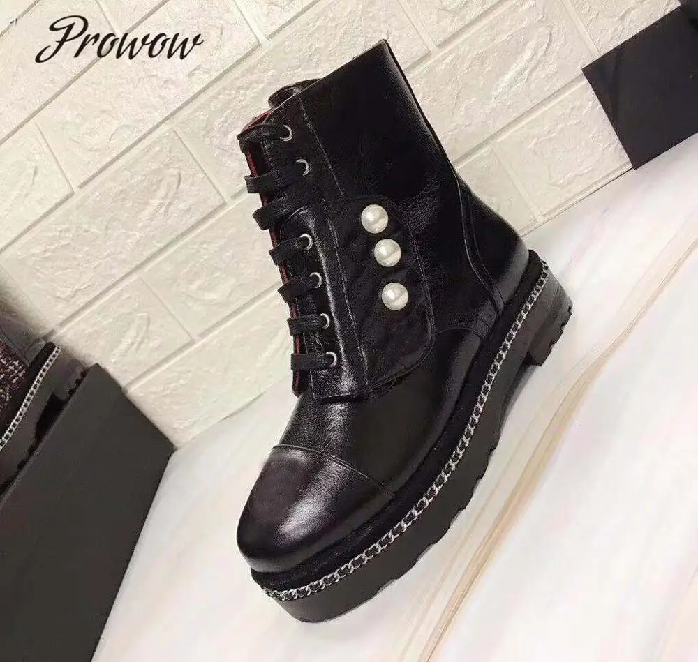 

Prowow New Genuine Leather Pearl Beading Ankle BootsRound Toe Lace Up Low Heel Autumn Winter Boots Shoes Women