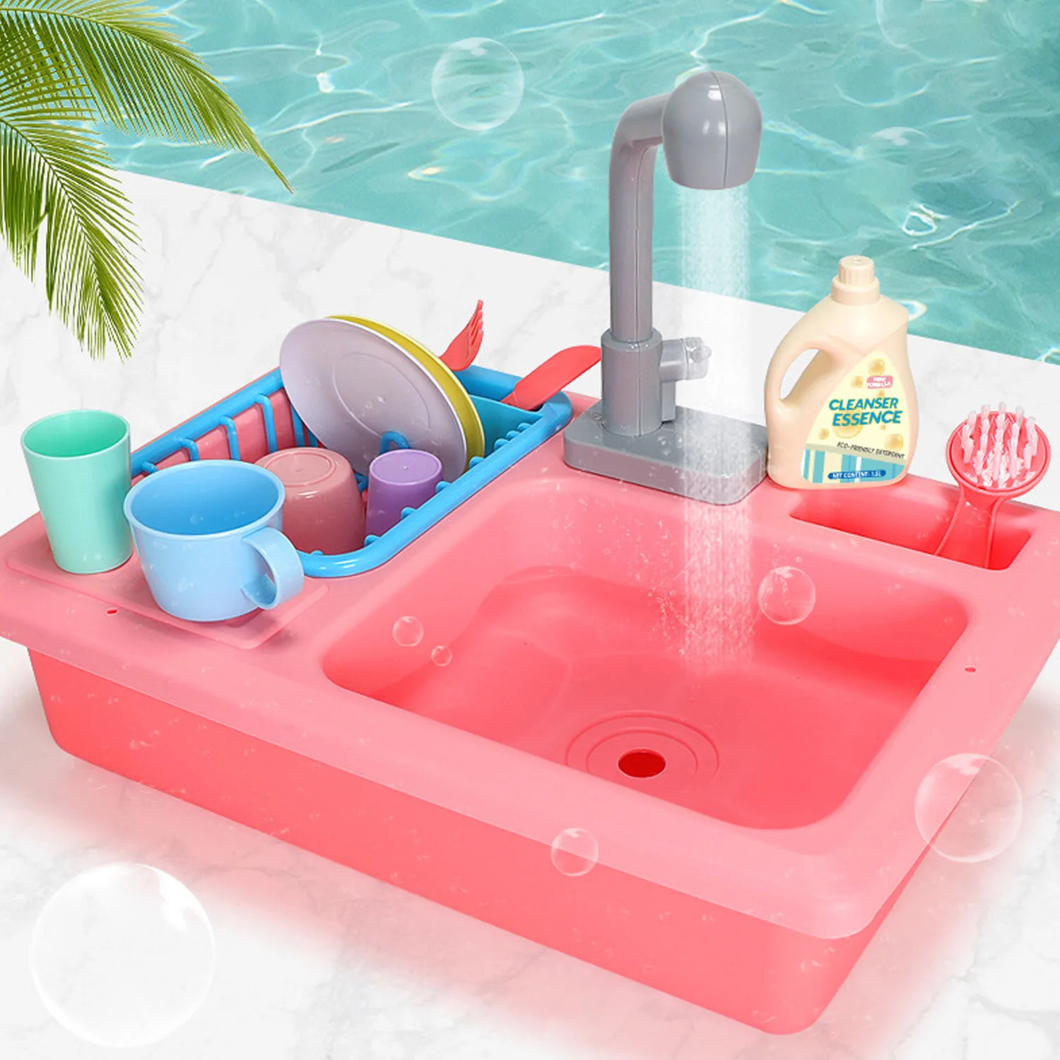 Pink Дети DIY моделирование кухонная раковина вода на выходе машина для мытья посуды чашки тарелки и нож вилка Чистая щетка сушилка для посуды ролевые игры игрушки - Цвет: Pink