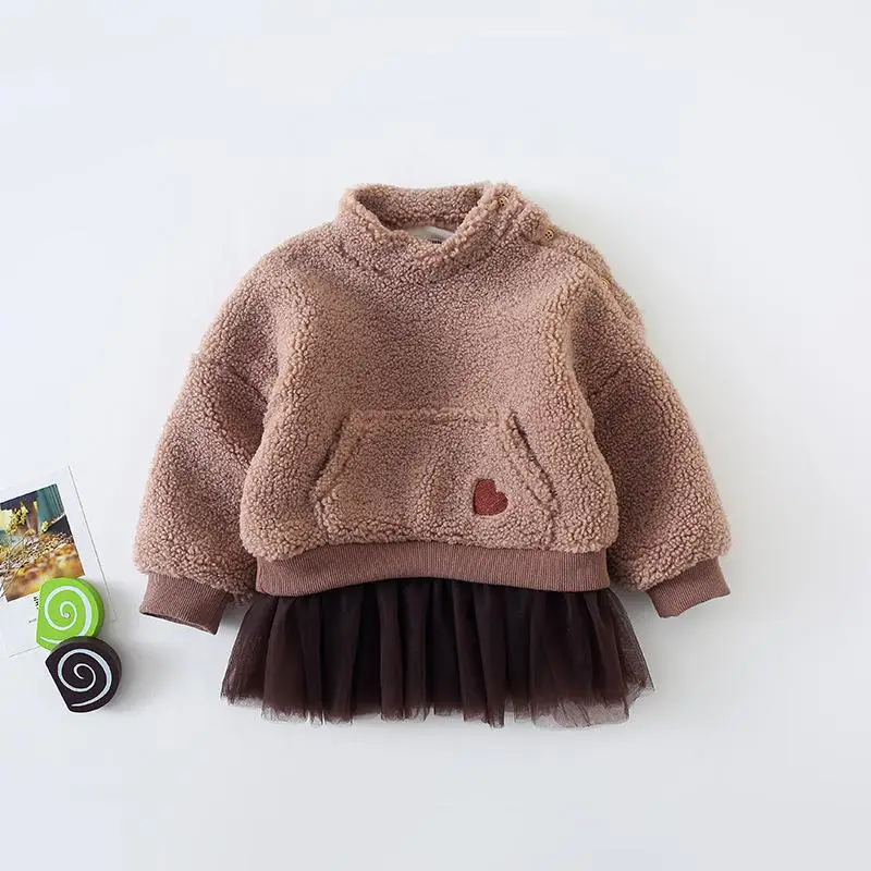Осенне-зимняя хлопковая утепленная меховая Толстовка в Корейском стиле, подходящая ко всему, гренадиновая юбка для милых маленьких девочек - Цвет: Коричневый