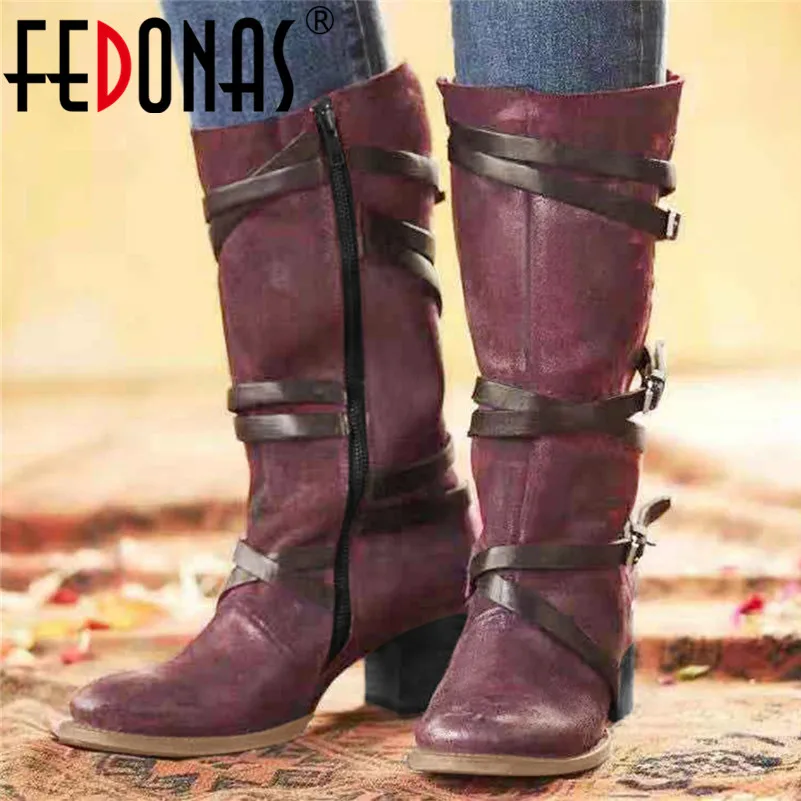 

FEDONAS Euro Style Women Western Warm Winter Mid-calf Boots Night Club Motorcycle Boots High Heeled Buckle Zipper Shoes Woman