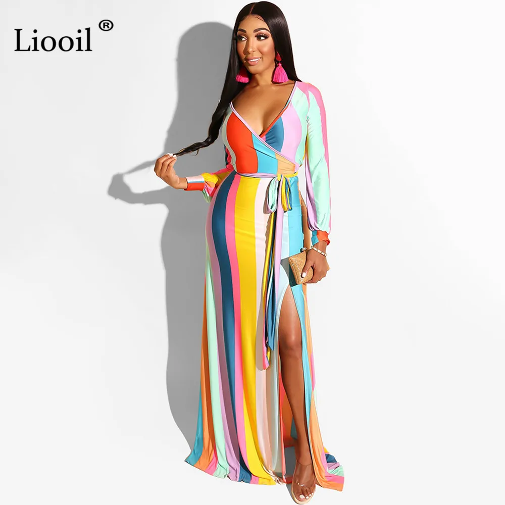 

Liooil Striped Loose Sexy Slit Maxi Dress Women Fall Clothing 2019 Long Sleeve V Neck High Waist Party Long Dresses Night Club