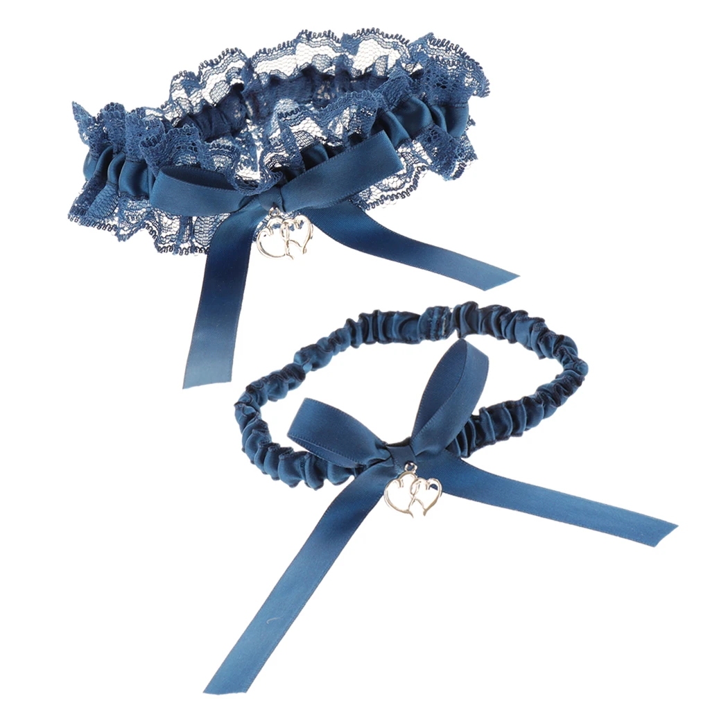Pack of 2 Elegant Wedding Bridal Bowknot Love Heart Pendant Lace Garter Throwaway Toss Leg Ring Blue One Size
