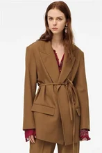 

2021 Spring Autumn New Fashion Solid Colors Lace Up Loose Casual Blazer Simple High Waist Office Blazer Suit with Bandage Women