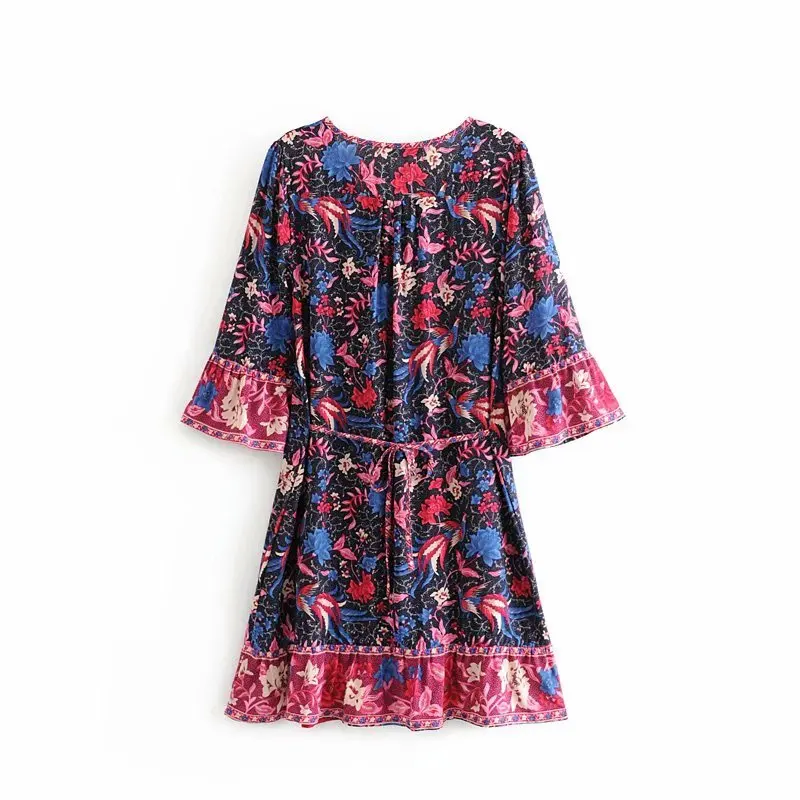 Boho Chic для птичек, с цветочным принтом, с расклешенным рукавом и бахромой пляжное богемное мини платья свободного кроя, с v-образным вырезом из искусственного шёлка винтажное платье