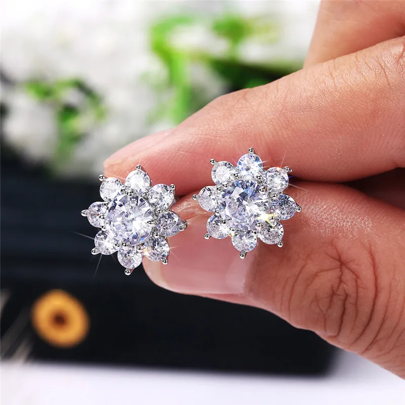 Orecchini A Clip Donna Con Zirconia Cubica, Forma Di Fiore O Fiocco Di Neve, 1,5 Cm, Senza Foro, Regalo Con Scatola Elegante