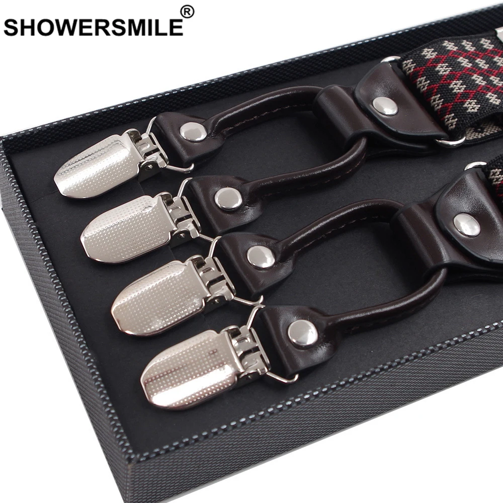 SHOWERSMILE мужские кожаные подтяжки с 6 клипсами Мужские штаны на подтяжках в клетку