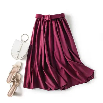 

OHRYIYIE Vintage High Waist Women Skirt Spring Summer Solid Belted Pleated Midi Skirts Ladies Fashion Basic Skirt Female Faldas