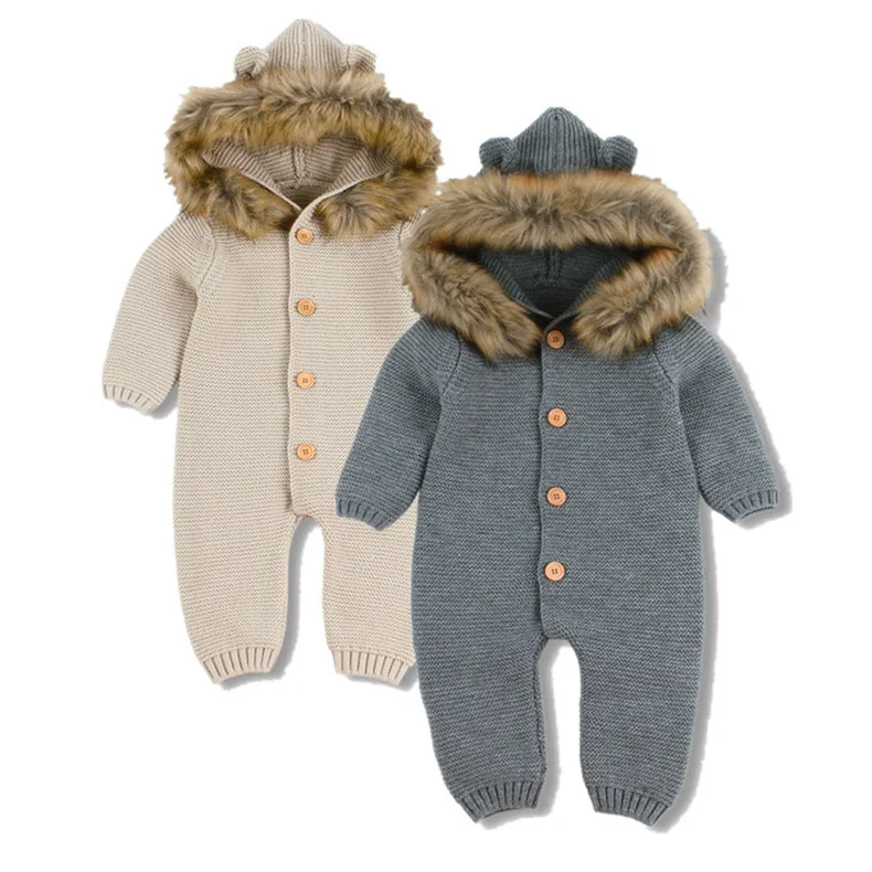 Winter Warm Children's Overalls Boys Clothes Bear Knitted Newborn Baby Rompers Hooded Full Sleeves Infant Girl Jumpsuits Outfits