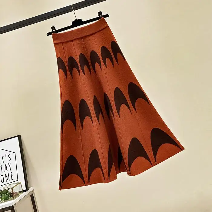 khaki skirts Woherb, винтажные трапециевидные юбки для женщин, с рисунком Луны, высокая талия, вязаная юбка для женщин, корейская мода, Осень-зима, новинка, Jupe Femme 91259 - Цвет: khaki skirts