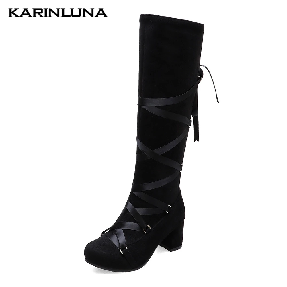

Karinluna 2020 Plus Size 34-48 New Fashion Mid Calf Boots Women Shoes Chunky High Heels Autumn Winter Shoes Woman Boots