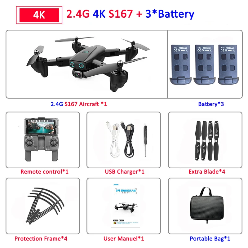 S167 складной Профессиональный Дрон с камерой 4K HD селфи 5G gps WiFi FPV широкоугольный Радиоуправляемый квадрокоптер Вертолет игрушка E520S SG900-S - Цвет: 2.4G 4K 3B Bag