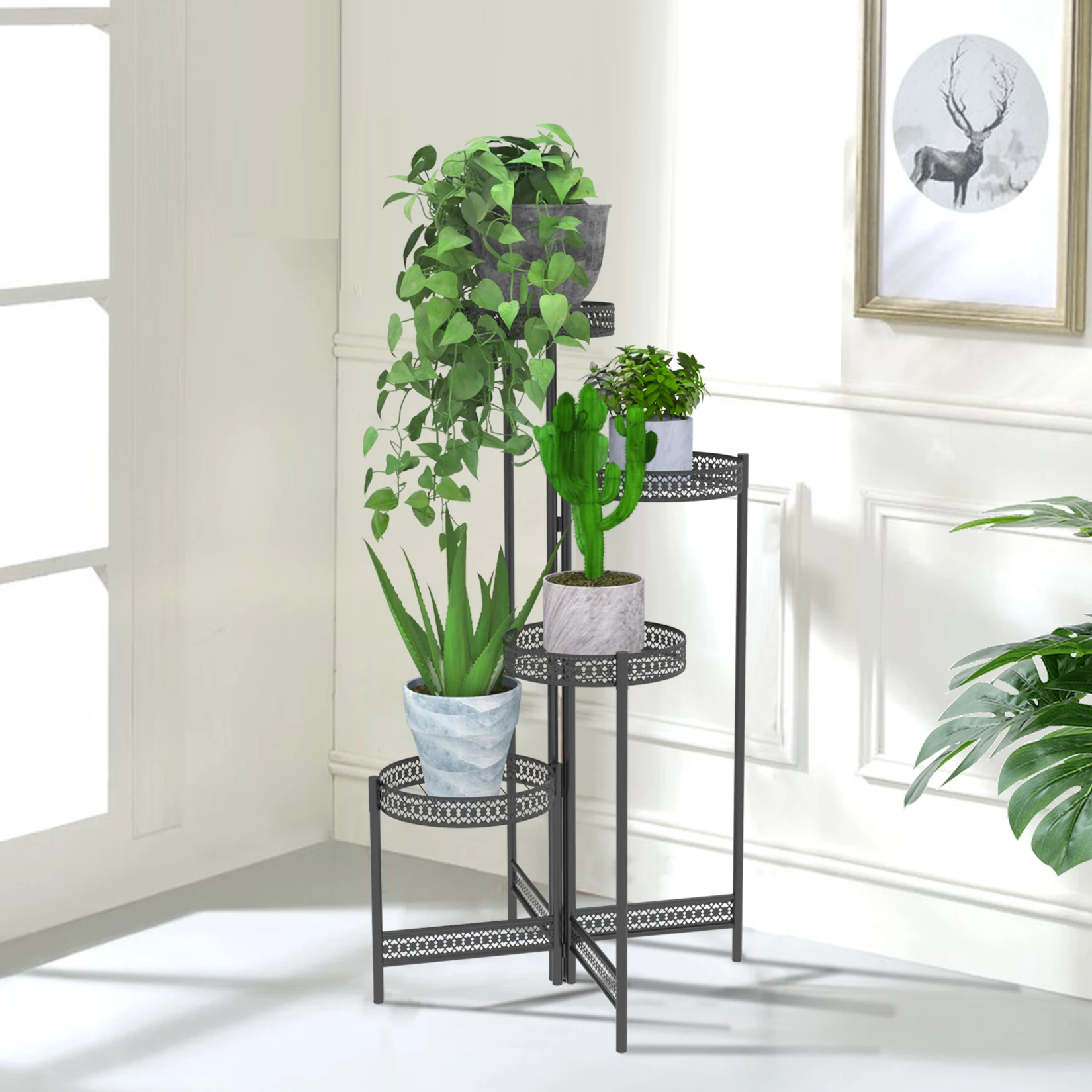 3/4 Tier Metal Plant Stand Indoor Black Tall Flower Pot Holder Display Rack Foldable for Patio Garden Living Room Corner Balcony