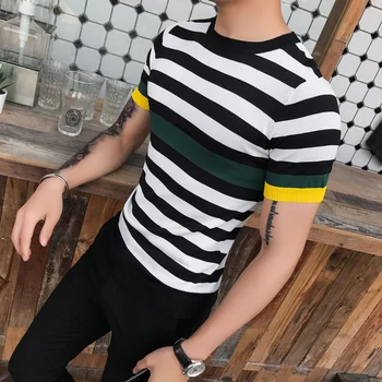

Summer Casual Tshirt Streetwear Tees Shirts Fashion Short Sleeve Striped Knitted T Shirt Male Slim Fit Business Camisetas Hombre
