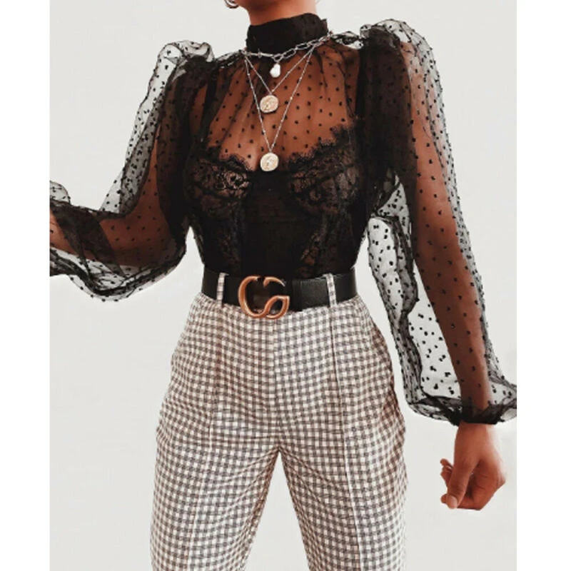 2020 Newest Hot Women Polka Dot Mesh Sheer Sexy See-through Puff Long Sleeve Tops Blouse Ladies Female Turtleneck Shirts OL Wear plus size blouses