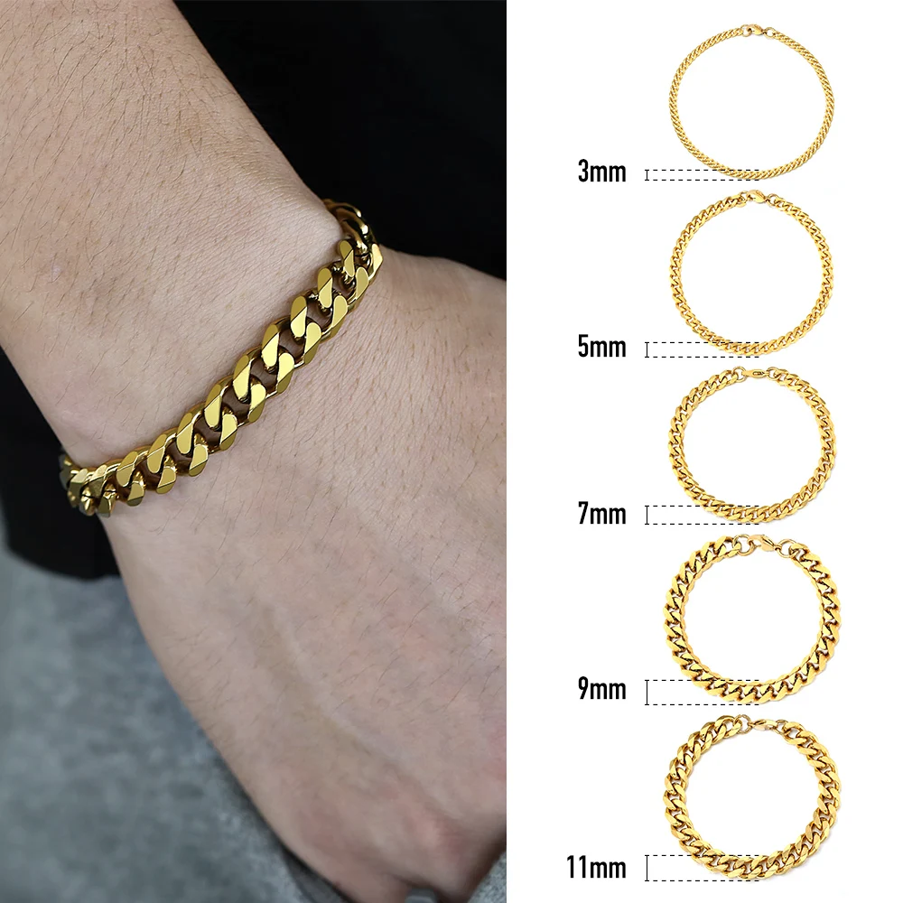 Curb Cuban Link Chain Stainless Steel Bracelets for Mens Womens Gold Black Silver Color Wholesale Jewelry 3/5/7/11mm DKBB10