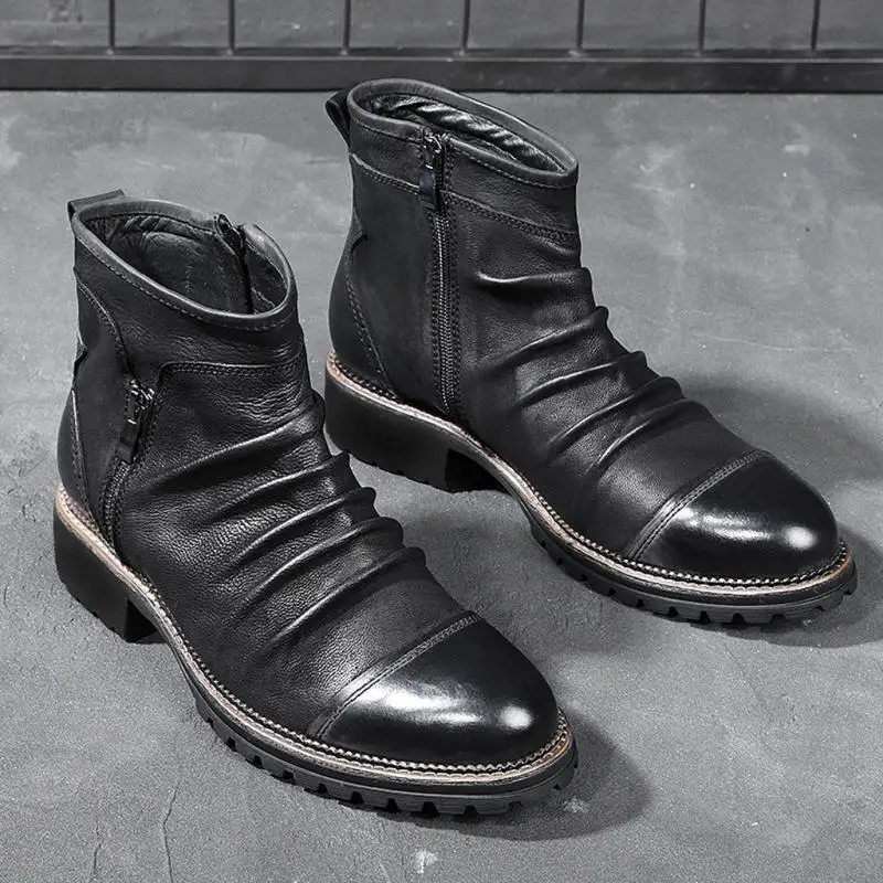 Men Ankle Boots Flods Platform Zipper Outdoor Autumn Male Fashion PU Leather Round Toe Vintage Big Size Comfy Mens | Обувь