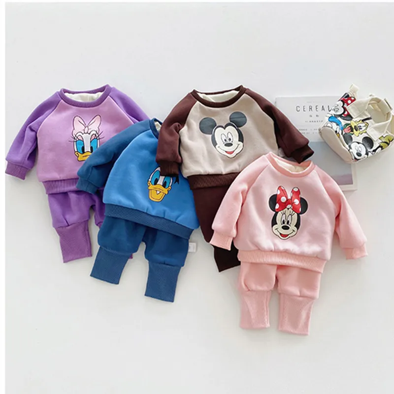 2PCS Disney Cartoon Kids Suit Winter Thicken Sweatshrit+Pants Baby Boys Girls Clothes Mickey Minnie Daisy Donald Duck Korean
