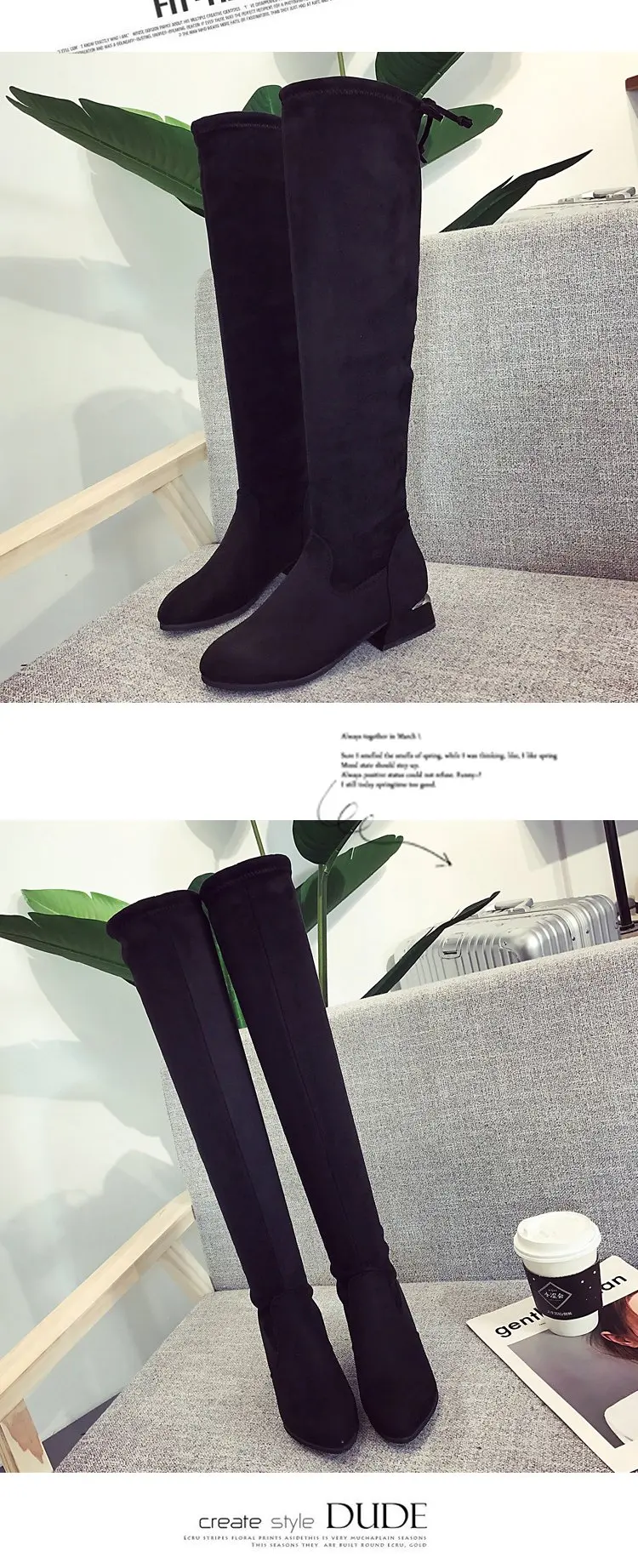 Brand Bright Metal Low Heel Black Thigh High Boots Women Slim Over The Knee Boots Women Winter Short Plush Long Booties Ladies