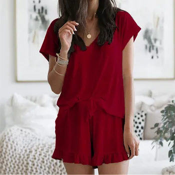 

Women Casual Loose Solid Drawstring Clothing Women Sets Short Sleeve Pullover Two-piece V Neck Top Ruffle Drawstring Shorts